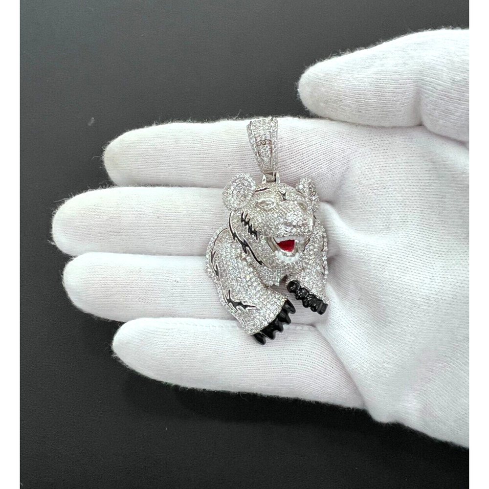 Tiger Head Face Charm 925 Sterling Silver Round Pendant CZ 2.2"